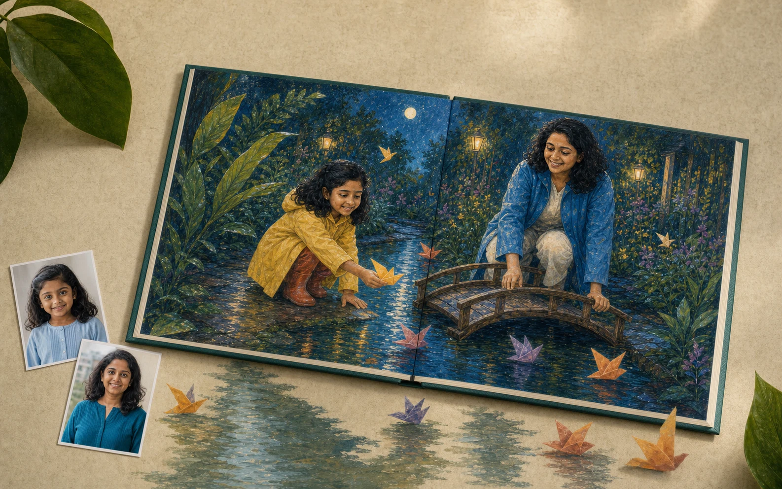 An open rigid landscape storybook showing a mother and daughter illustrated together, beside their separate source photos