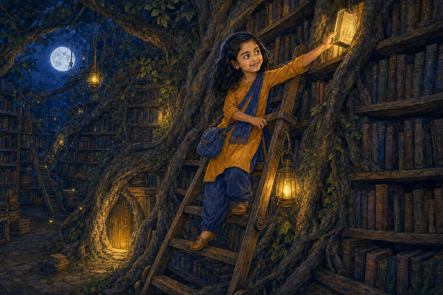 The same illustrated child reaching from a library ladder towards a glowing book