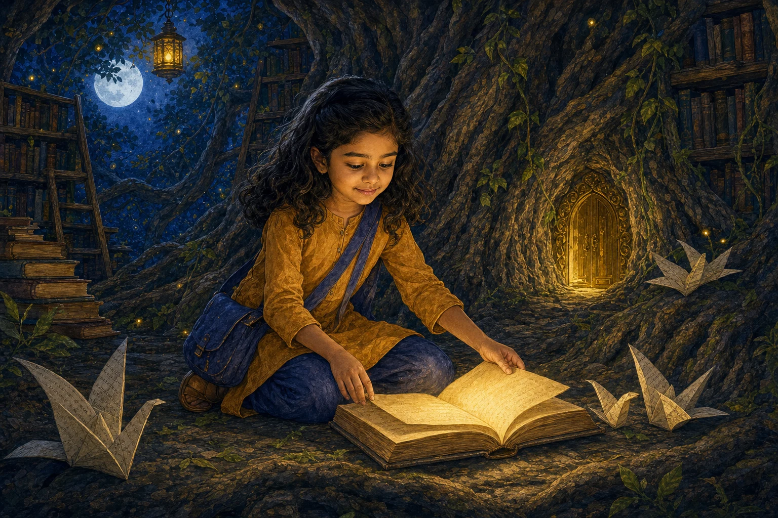 The same illustrated child reading a glowing book beneath the library tree